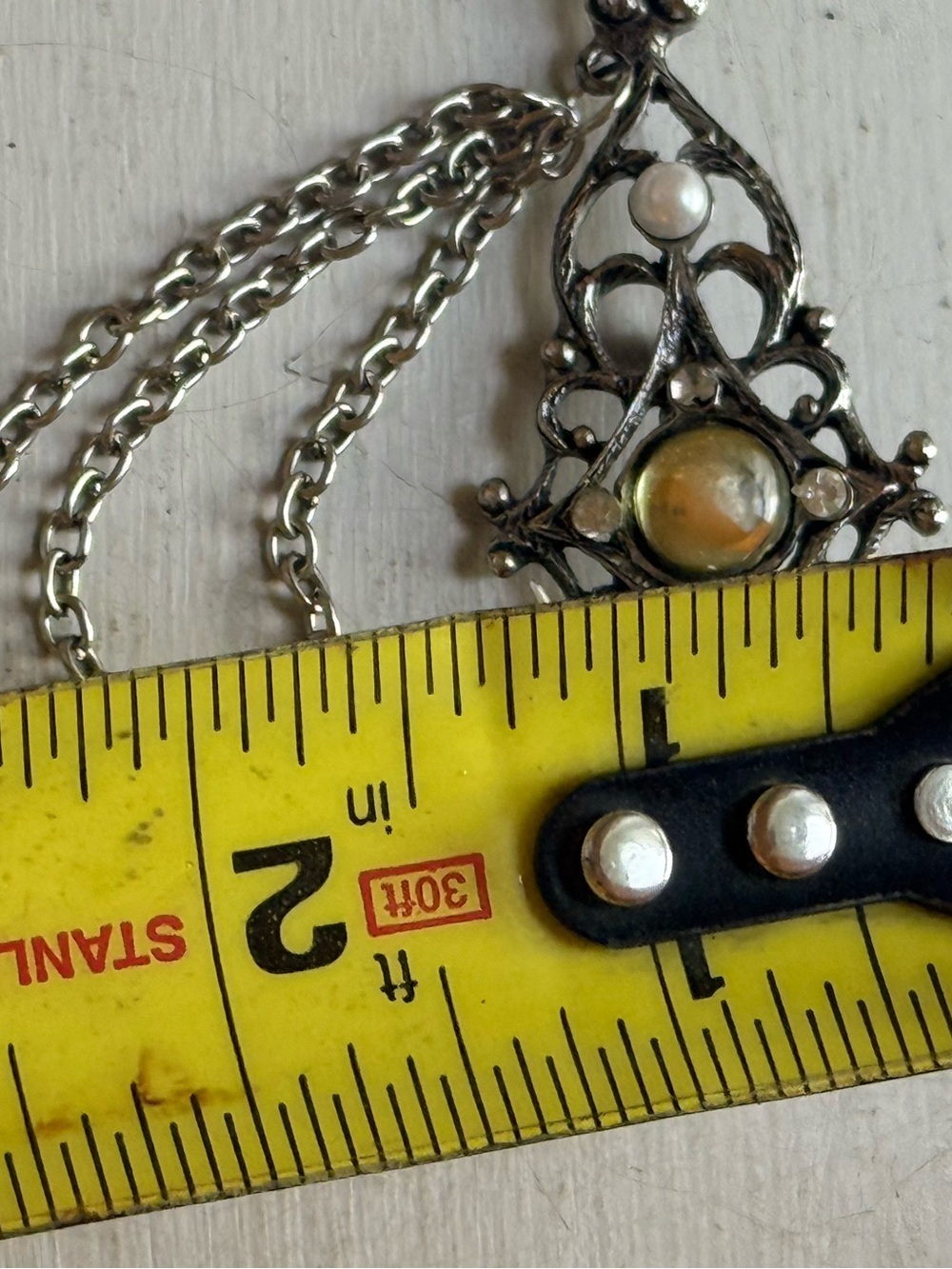 Vtg 1980s Victorian Revival Silver Filigree Brooch Pin Triple Swag Dangle Chain - Picture 7 of 10